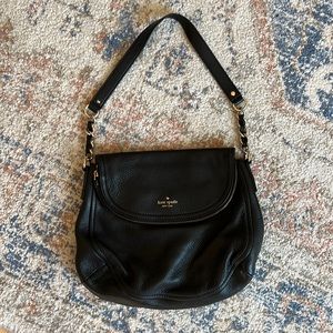Kate Spade, black, leather shoulder bag with gold chain details.